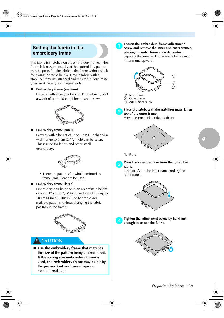 Setting the fabric in the embroidery frame, Caution | Brother HE 120 User Manual | Page 145 / 183