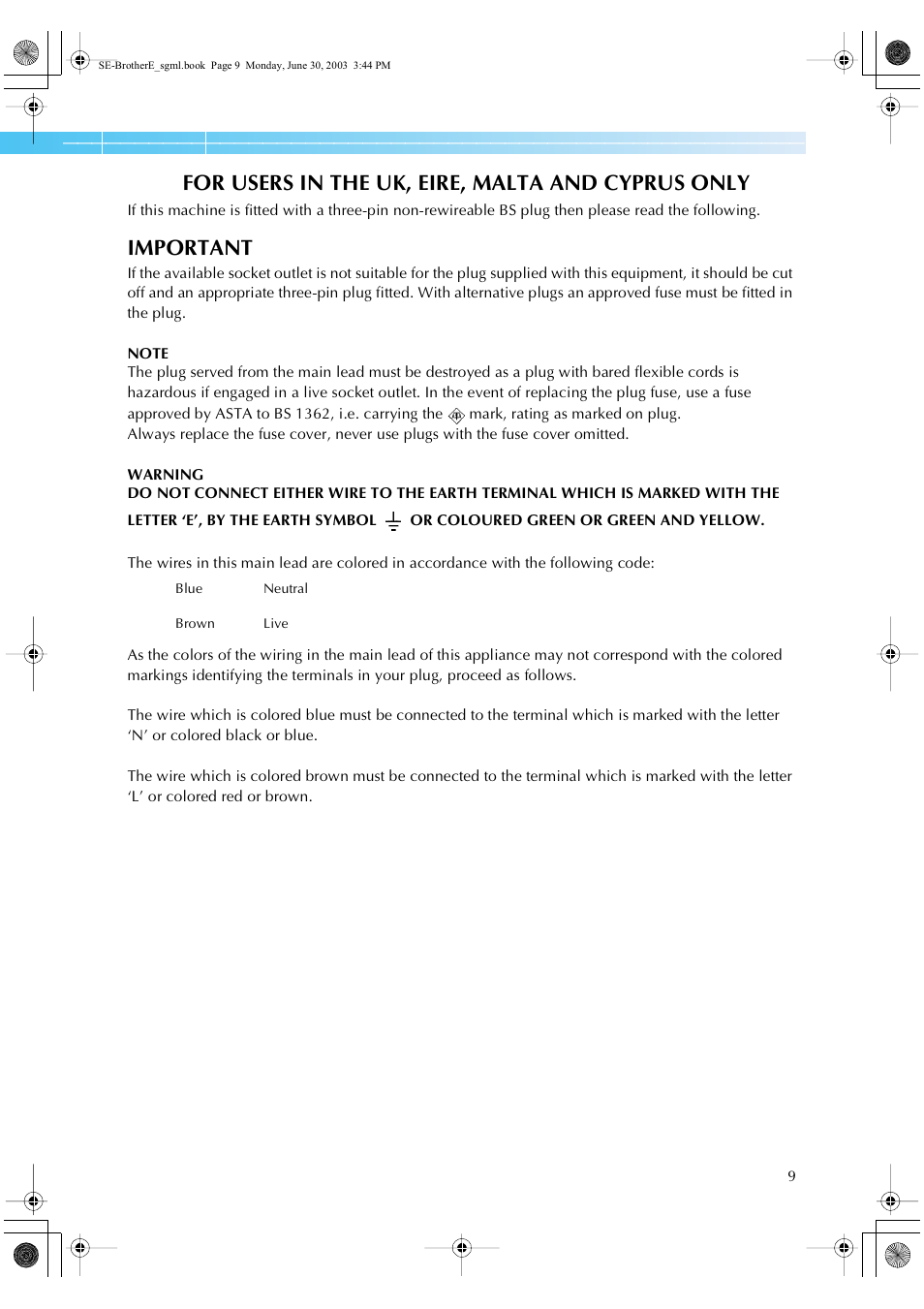 For users in the uk, eire, malta and cyprus only, Important | Brother HE 120 User Manual | Page 15 / 183