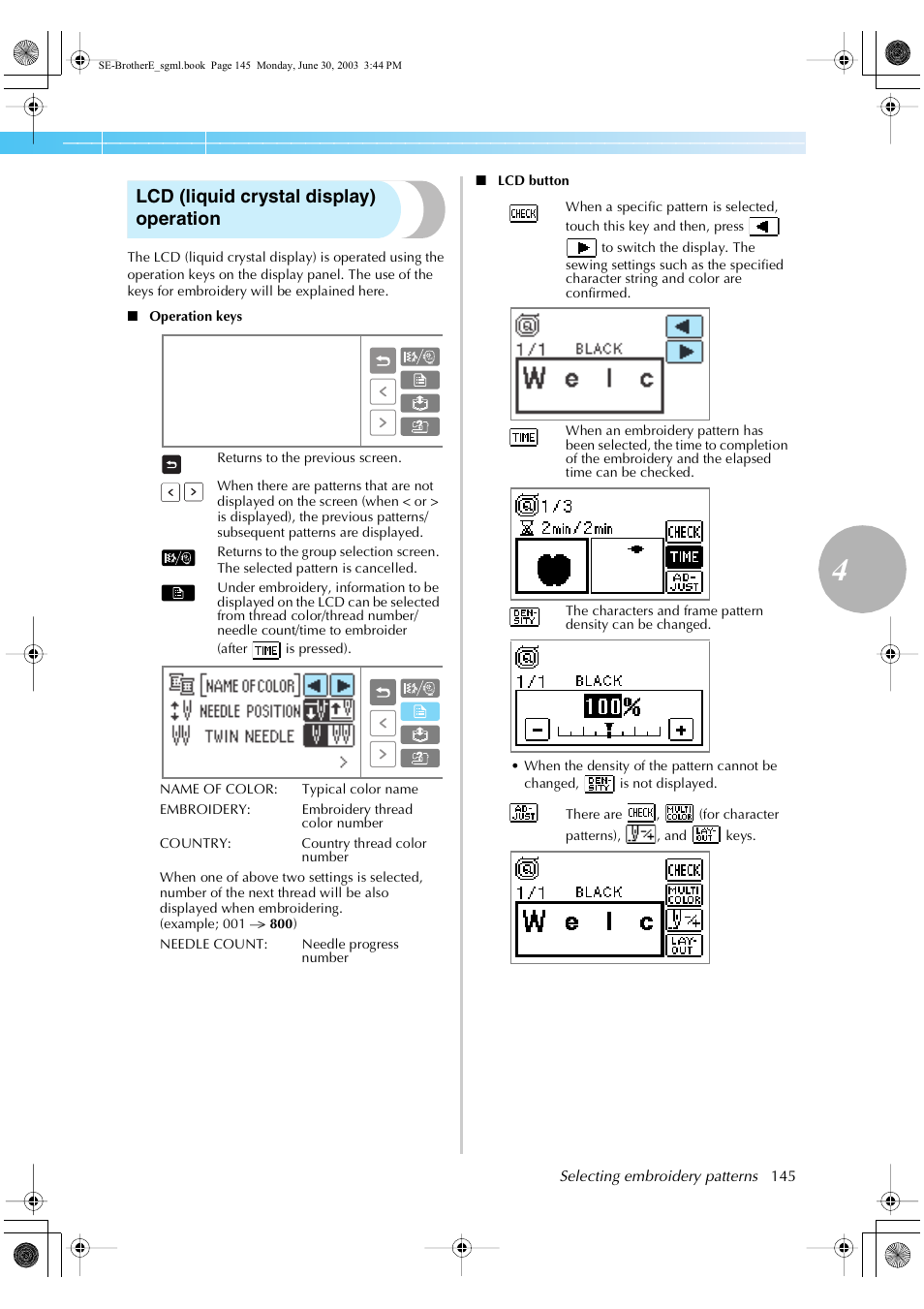 Lcd (liquid crystal display) operation | Brother HE 120 User Manual | Page 151 / 183