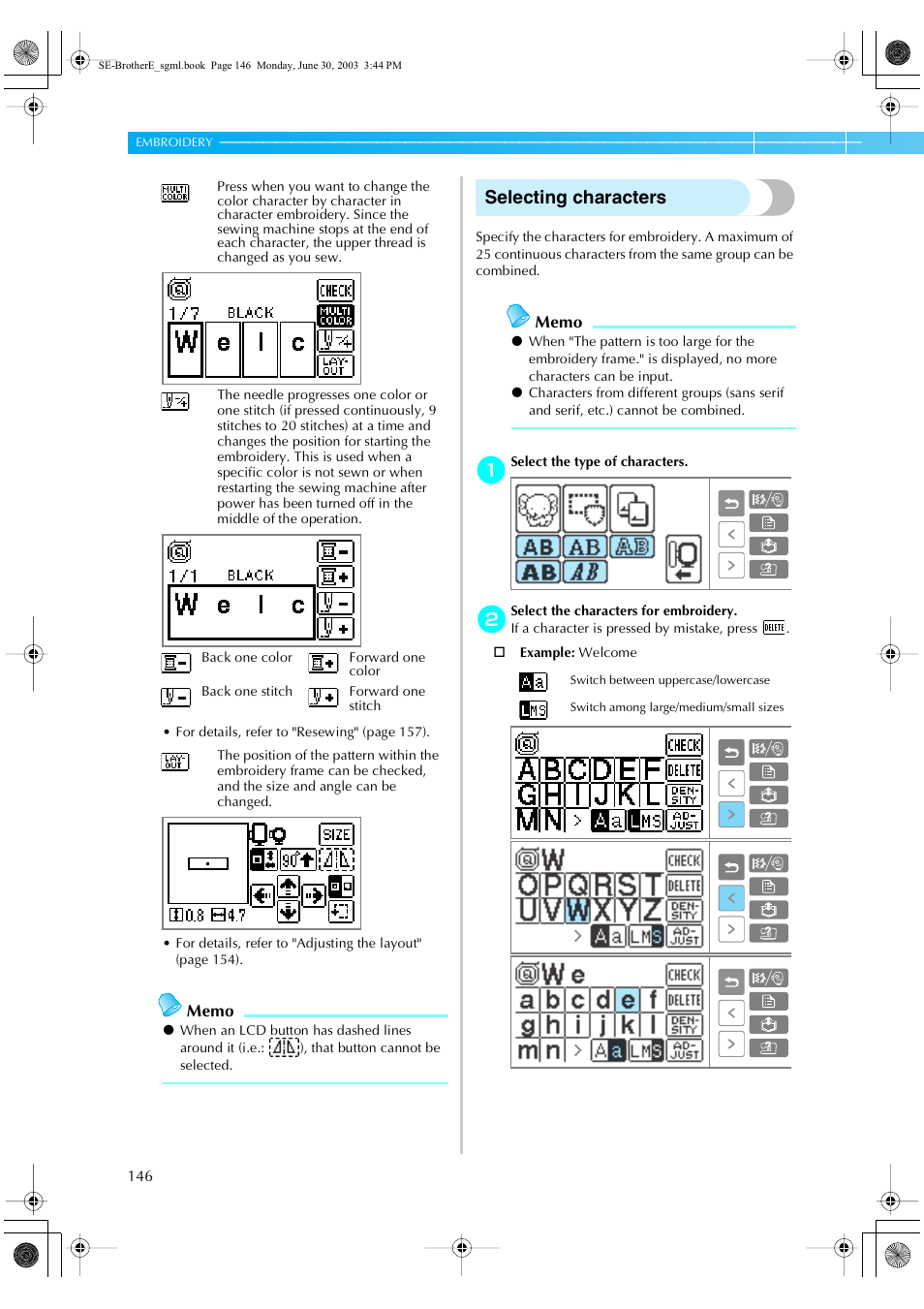 Selecting characters | Brother HE 120 User Manual | Page 152 / 183