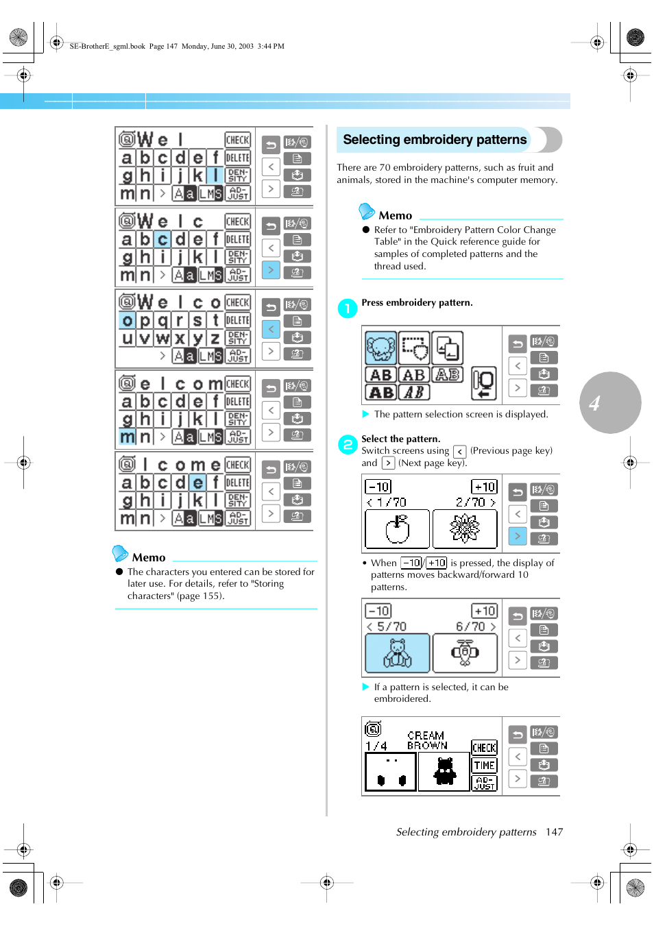 Selecting embroidery patterns | Brother HE 120 User Manual | Page 153 / 183