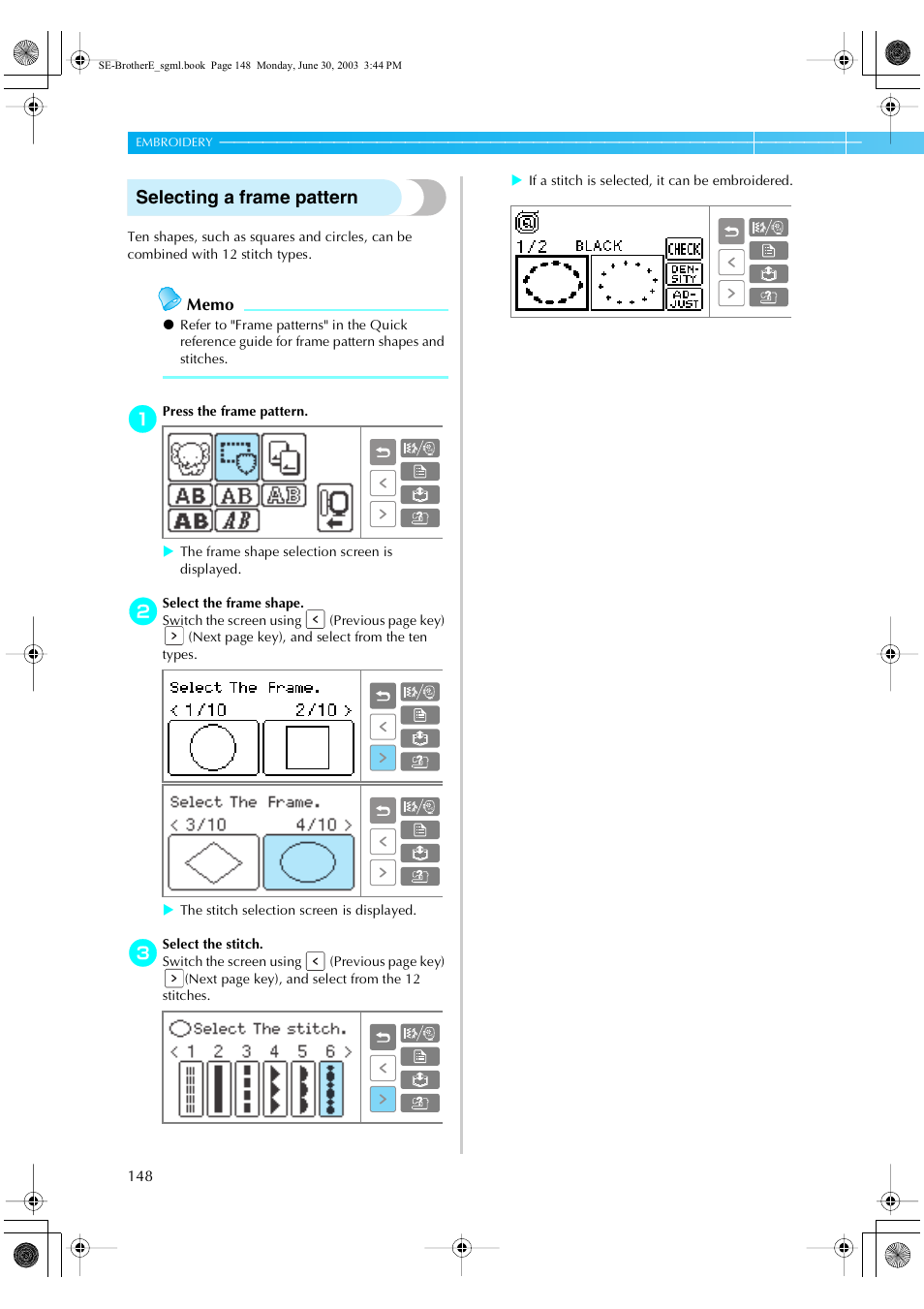 Selecting a frame pattern | Brother HE 120 User Manual | Page 154 / 183