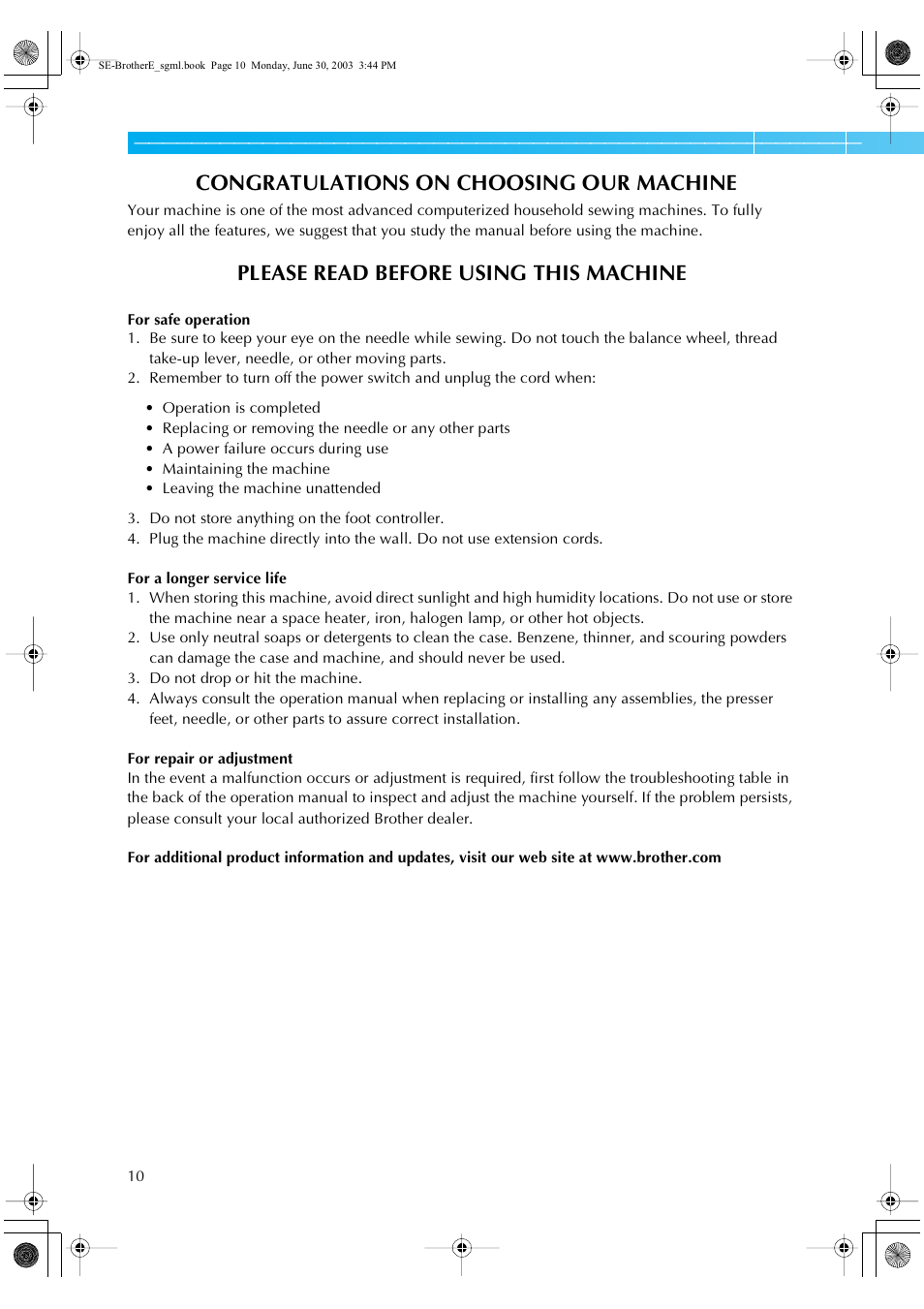 Please read before using this machine | Brother HE 120 User Manual | Page 16 / 183