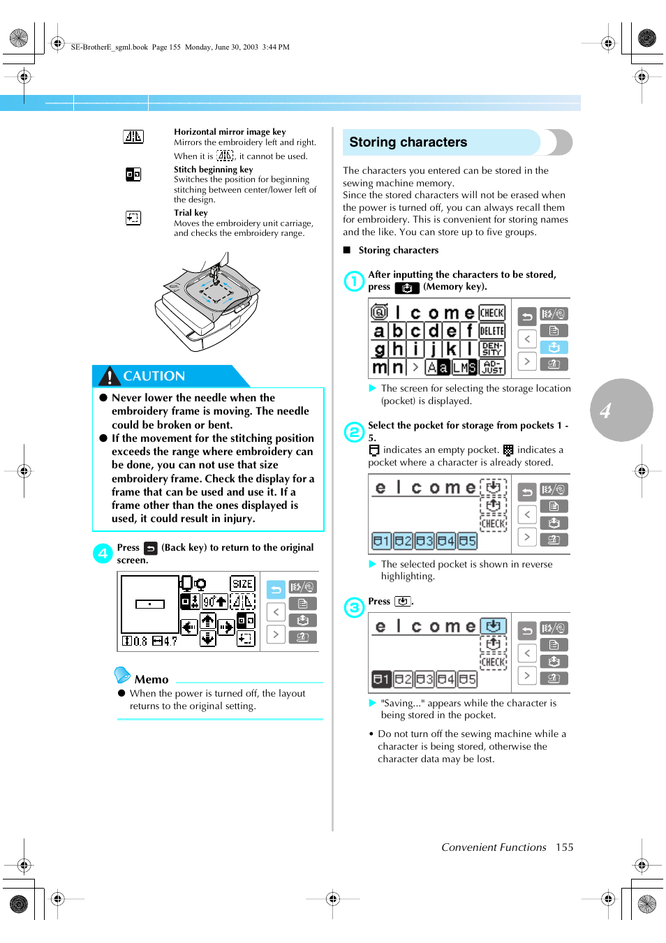 Caution, Storing characters | Brother HE 120 User Manual | Page 161 / 183