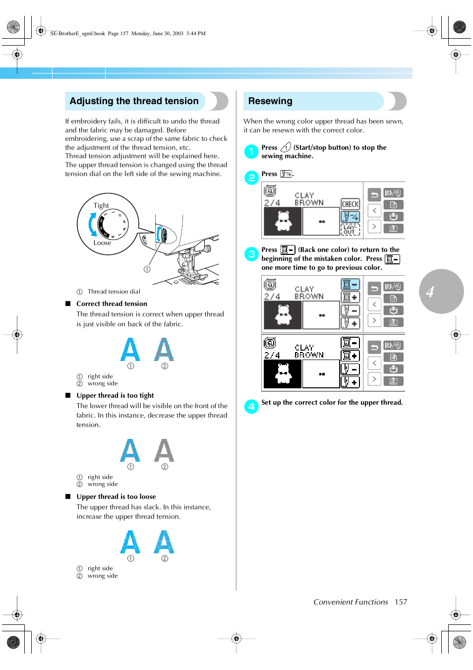 Adjusting the thread tension, Resewing | Brother HE 120 User Manual | Page 163 / 183