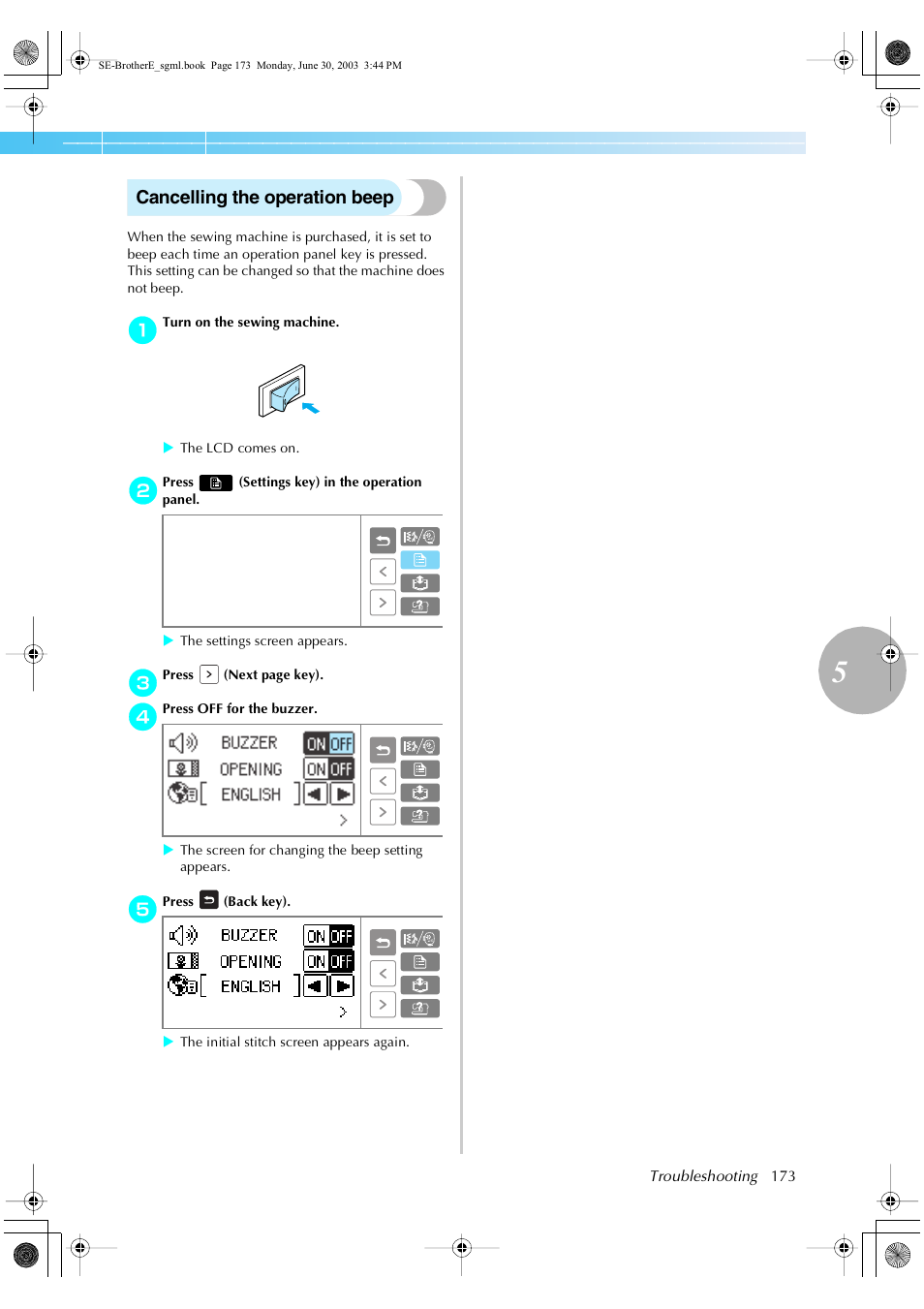 Cancelling the operation beep | Brother HE 120 User Manual | Page 179 / 183
