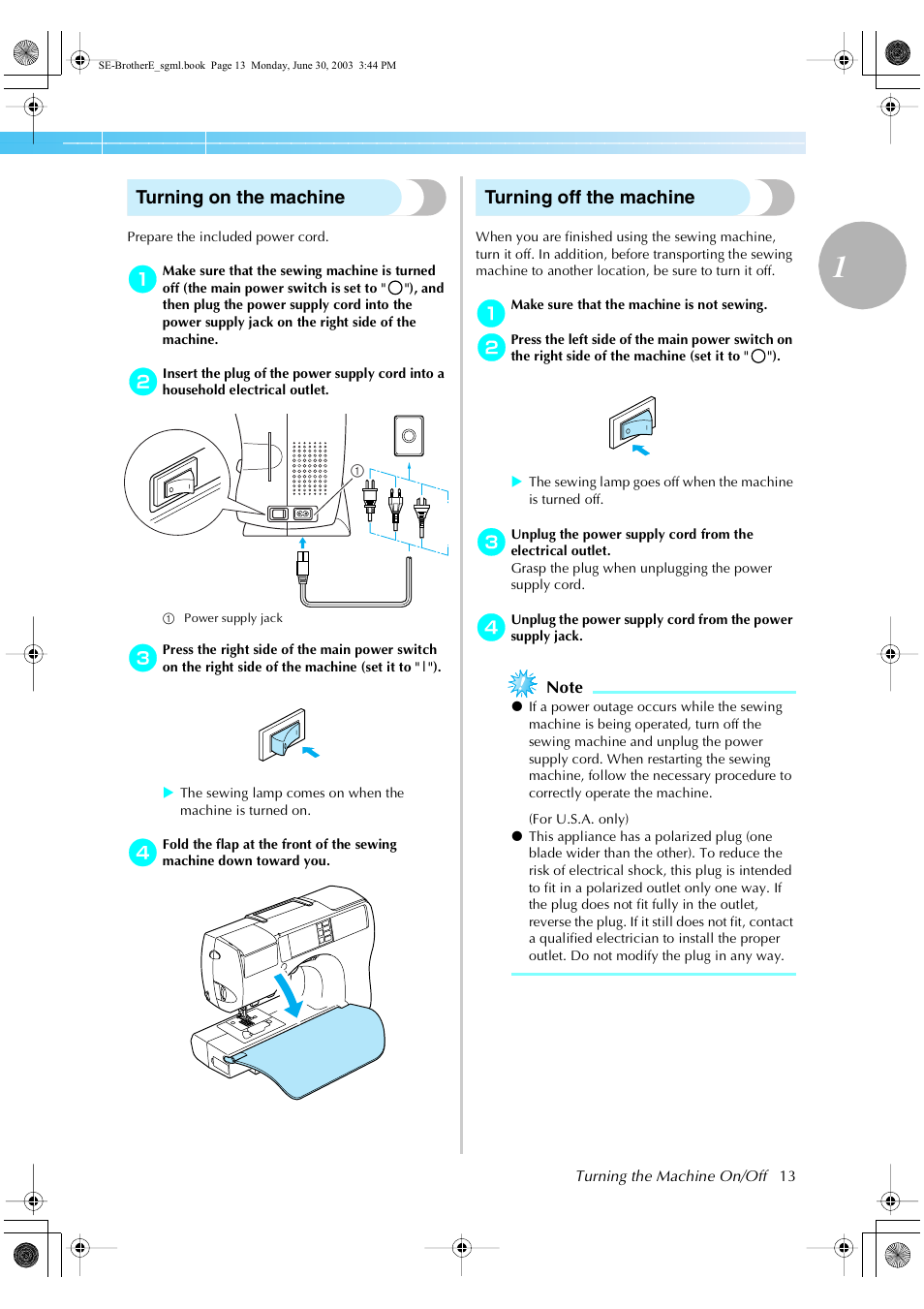 Turning on the machine, Turning off the machine | Brother HE 120 User Manual | Page 19 / 183