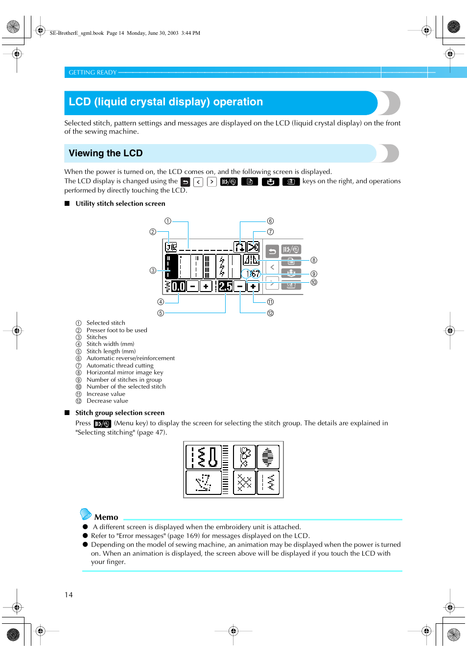 Lcd (liquid crystal display) operation, Viewing the lcd | Brother HE 120 User Manual | Page 20 / 183