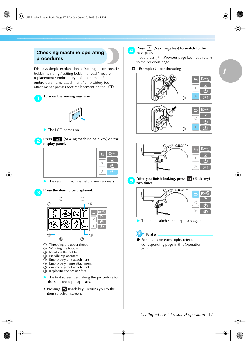 Checking machine operating procedures | Brother HE 120 User Manual | Page 23 / 183
