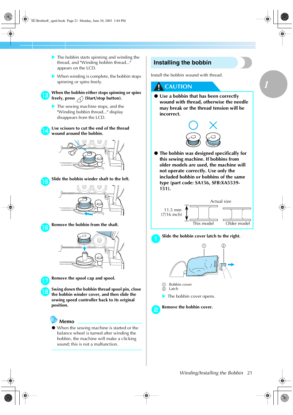 Installing the bobbin, Caution | Brother HE 120 User Manual | Page 27 / 183