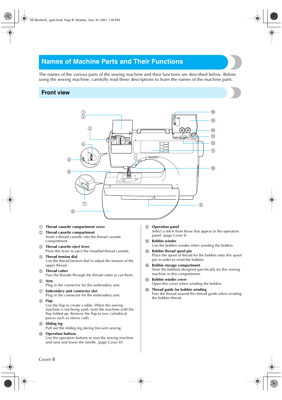 Names of machine parts and their functions, Front view | Brother HE 120 User Manual | Page 3 / 183