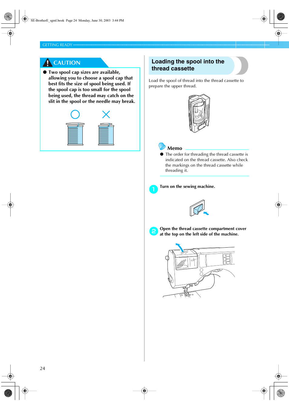 Caution loading the spool into the thread cassette | Brother HE 120 User Manual | Page 30 / 183