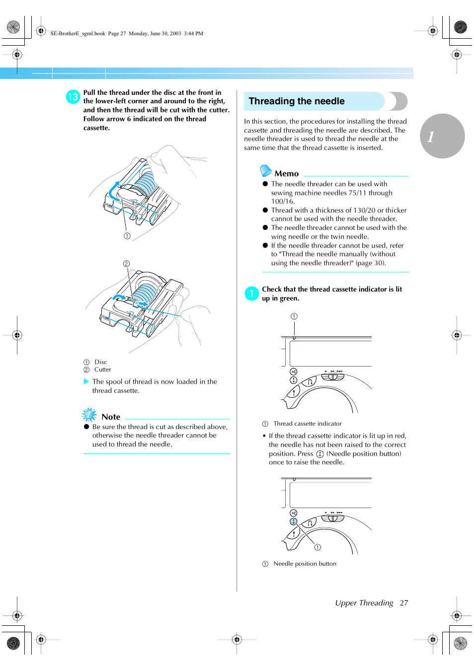Threading the needle | Brother HE 120 User Manual | Page 33 / 183