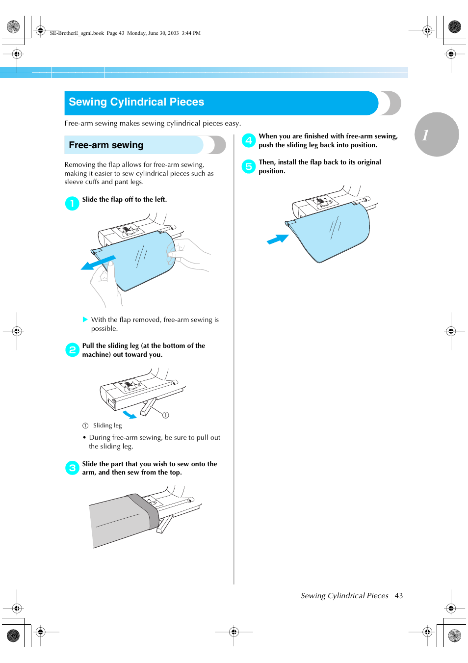 Sewing cylindrical pieces, Free-arm sewing | Brother HE 120 User Manual | Page 49 / 183