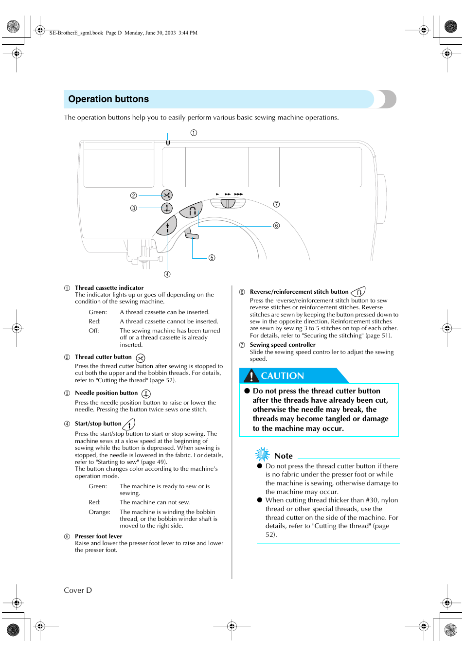 Operation buttons, Caution | Brother HE 120 User Manual | Page 5 / 183