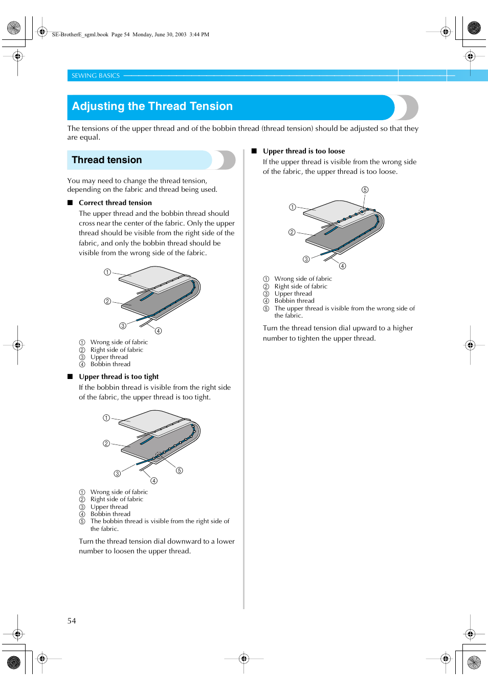 Adjusting the thread tension, Thread tension | Brother HE 120 User Manual | Page 60 / 183