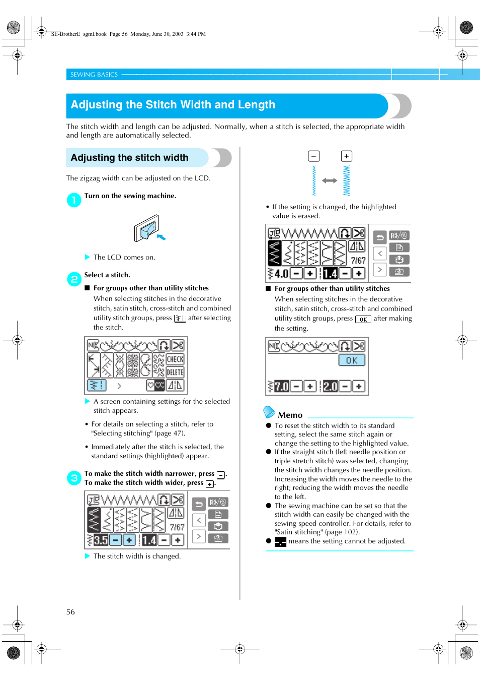 Adjusting the stitch width and length, Adjusting the stitch width | Brother HE 120 User Manual | Page 62 / 183