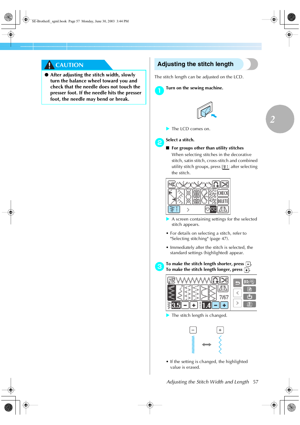 Caution adjusting the stitch length | Brother HE 120 User Manual | Page 63 / 183