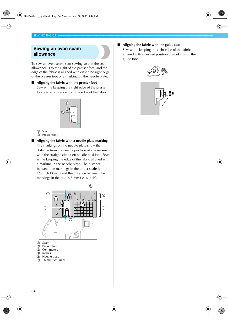 Sewing an even seam allowance | Brother HE 120 User Manual | Page 70 / 183