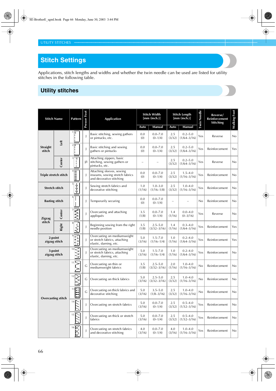 Stitch settings, Utility stitches | Brother HE 120 User Manual | Page 72 / 183