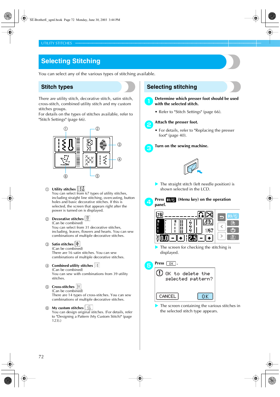 Selecting stitching, Stitch types | Brother HE 120 User Manual | Page 78 / 183