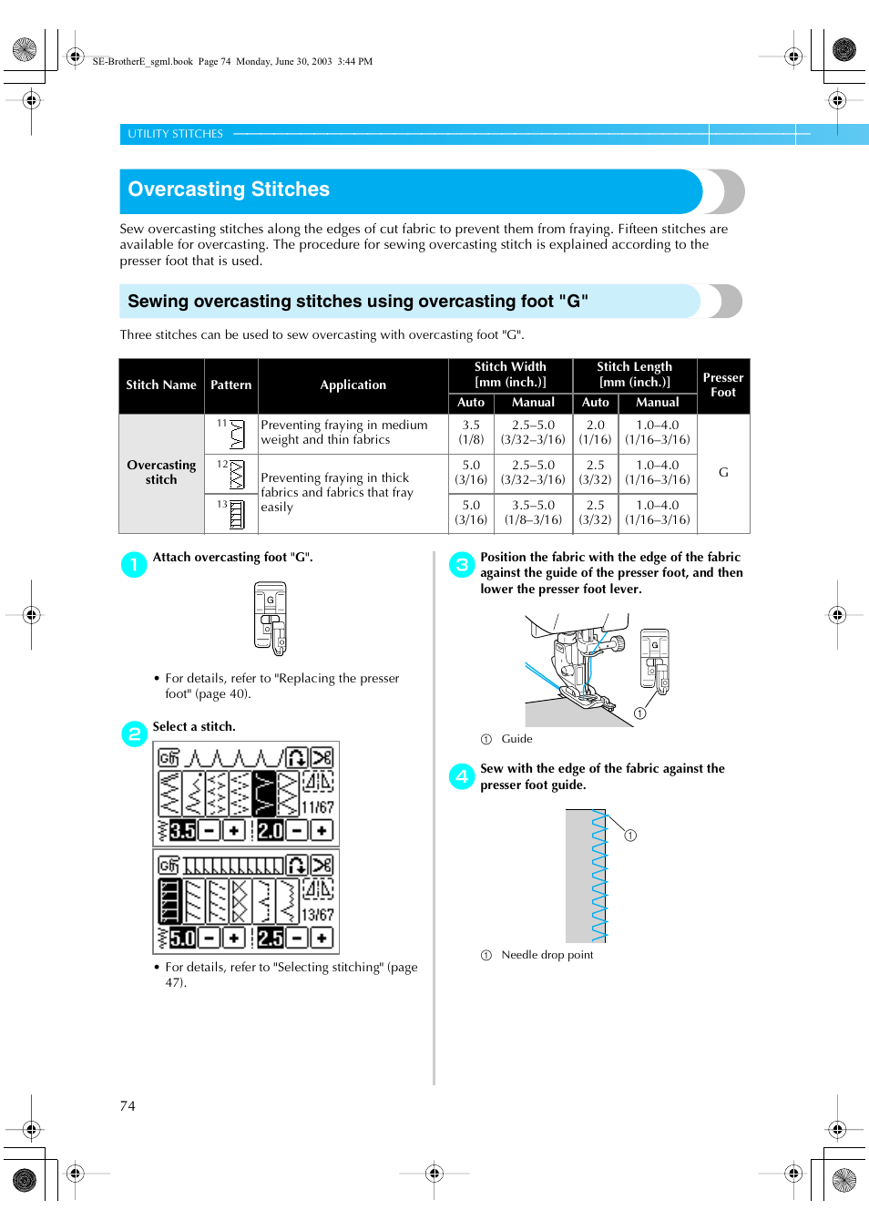 Overcasting stitches | Brother HE 120 User Manual | Page 80 / 183