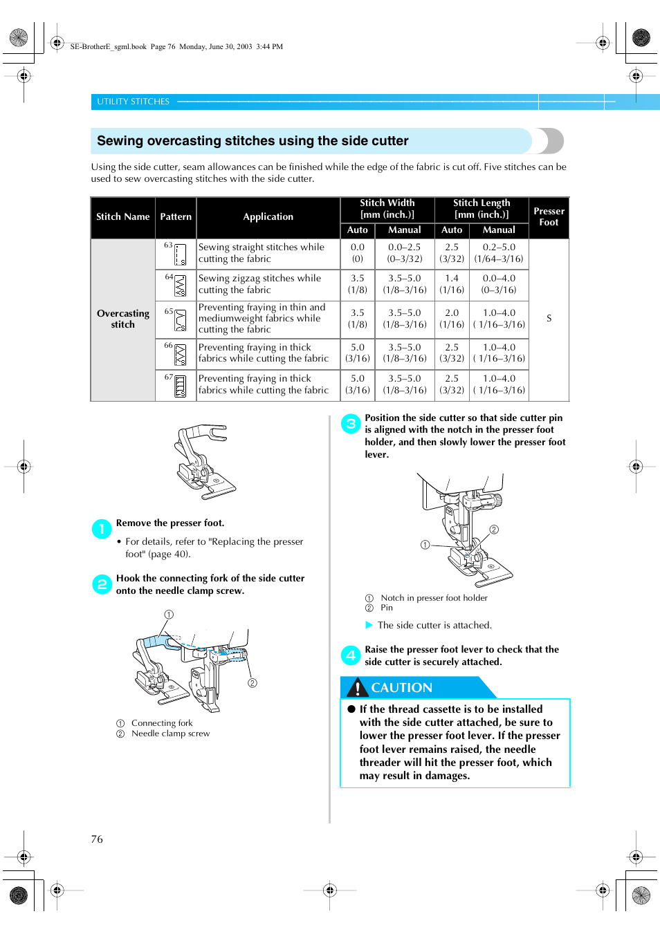 Sewing overcasting stitches using the side cutter, Caution | Brother HE 120 User Manual | Page 82 / 183