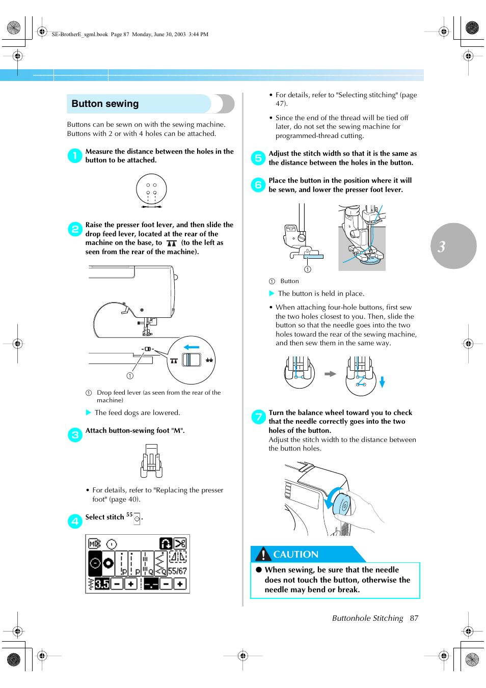 Button sewing, Caution | Brother HE 120 User Manual | Page 93 / 183