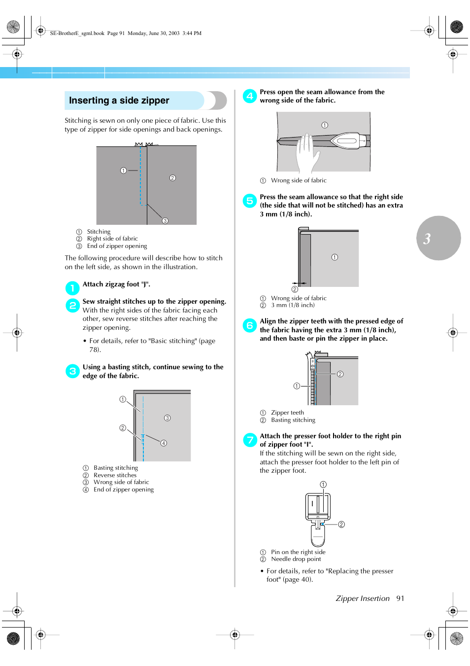 Inserting a side zipper | Brother HE 120 User Manual | Page 97 / 183