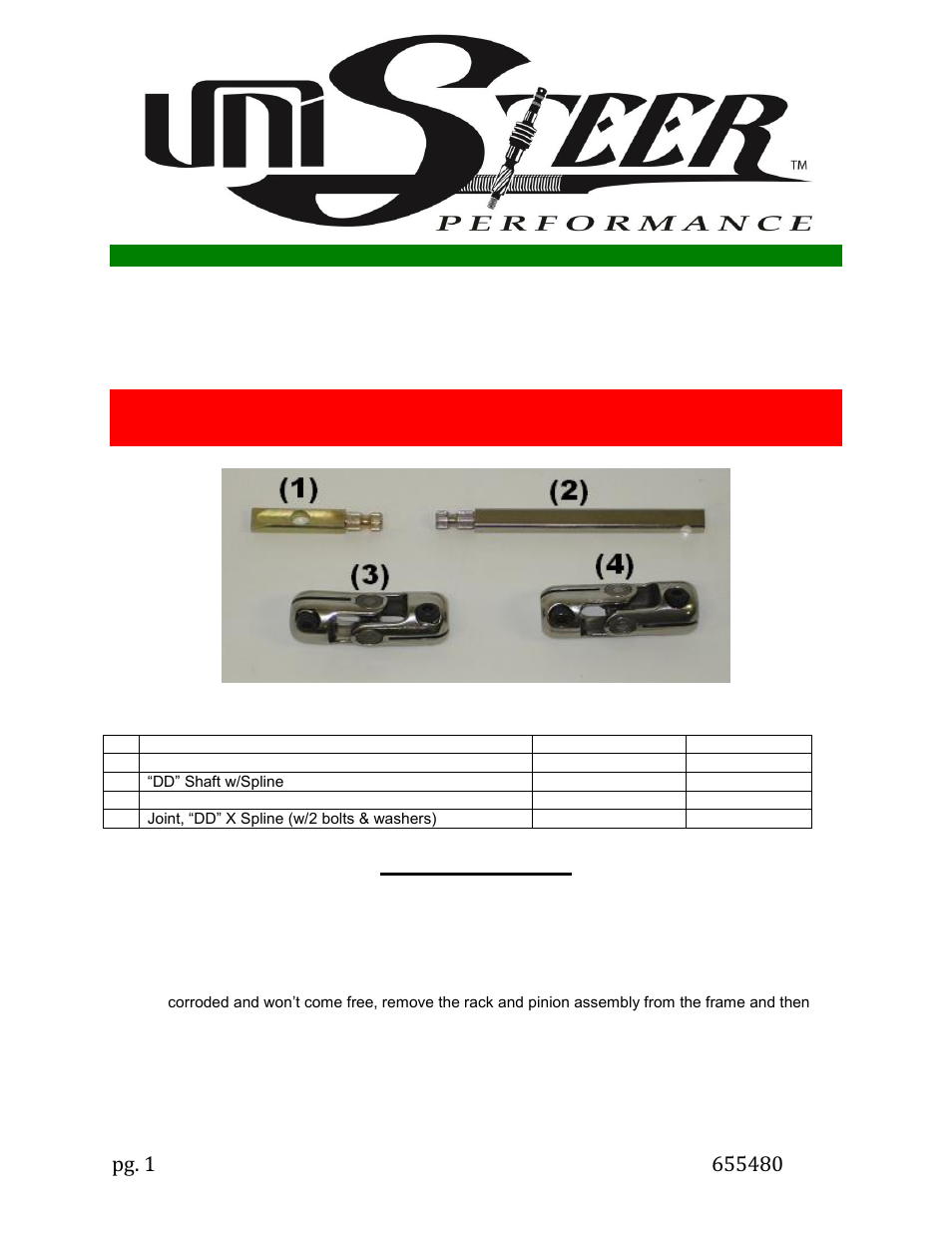 Unisteer 8050080 Power Mustang Shaft Kit 1979-1993 User Manual | 2 pages