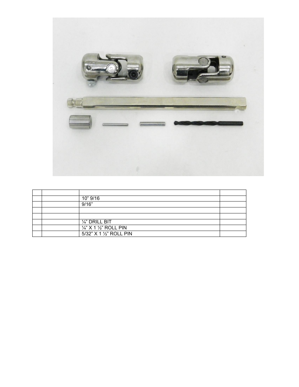 Kit contents | Unisteer 8052710 Corvette Shaft Kit 1968-82 User Manual | Page 2 / 6