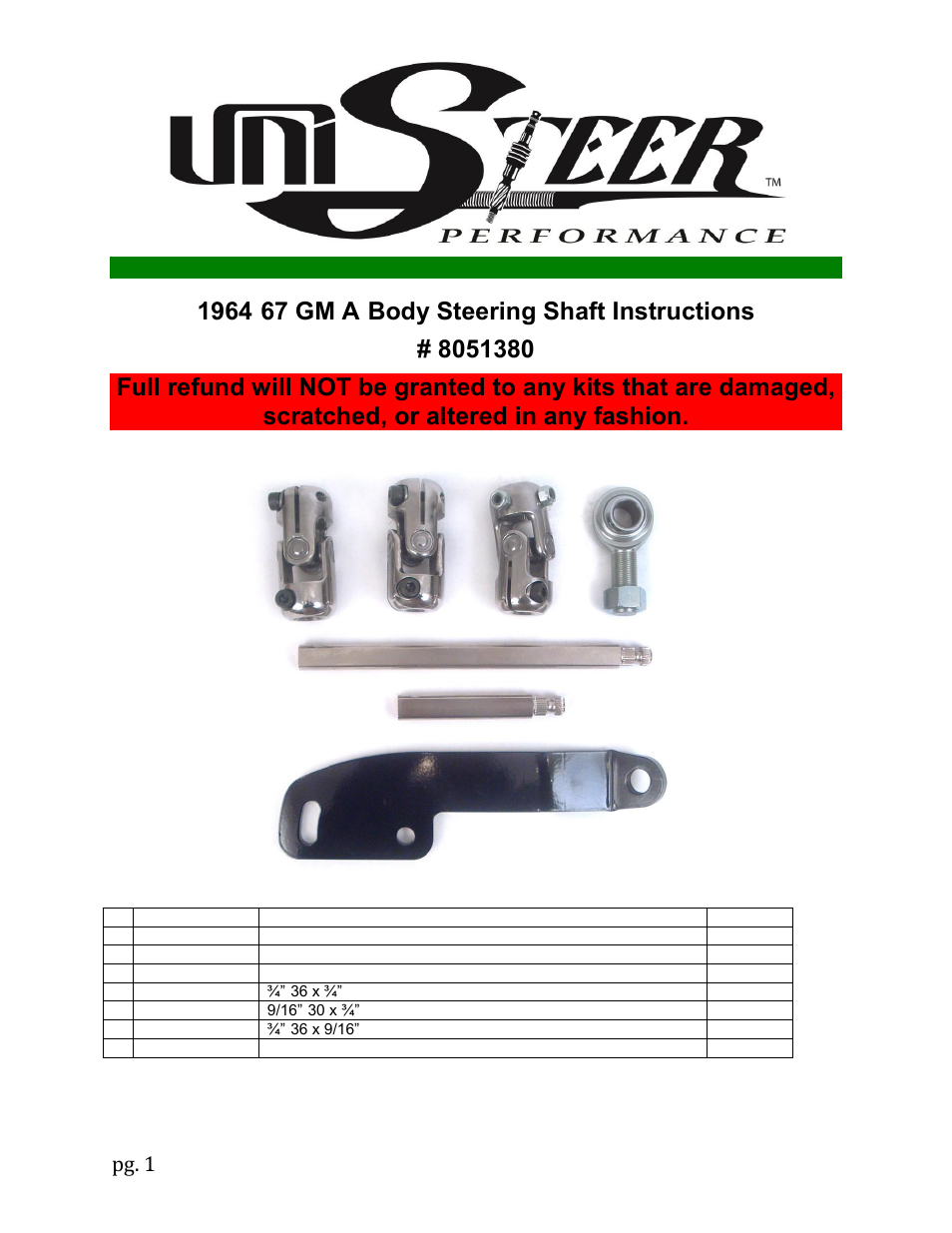 Unisteer 8051380 GM A-Body Steering Shaft 1964-67 User Manual | 3 pages