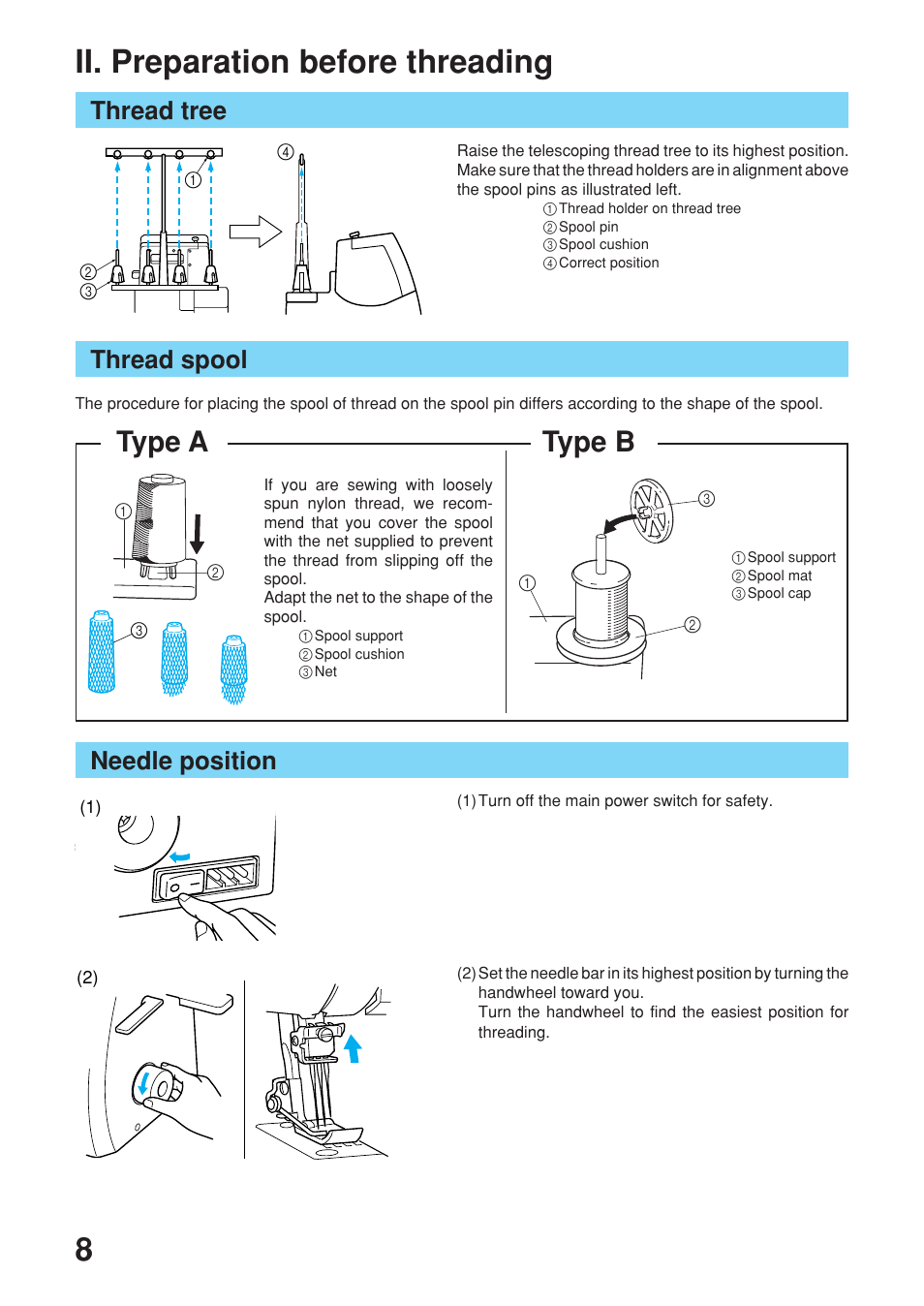 8ii. preparation before threading, Type a type b, Thread spool | Thread tree, Needle position | Brother 2340CV User Manual | Page 10 / 40