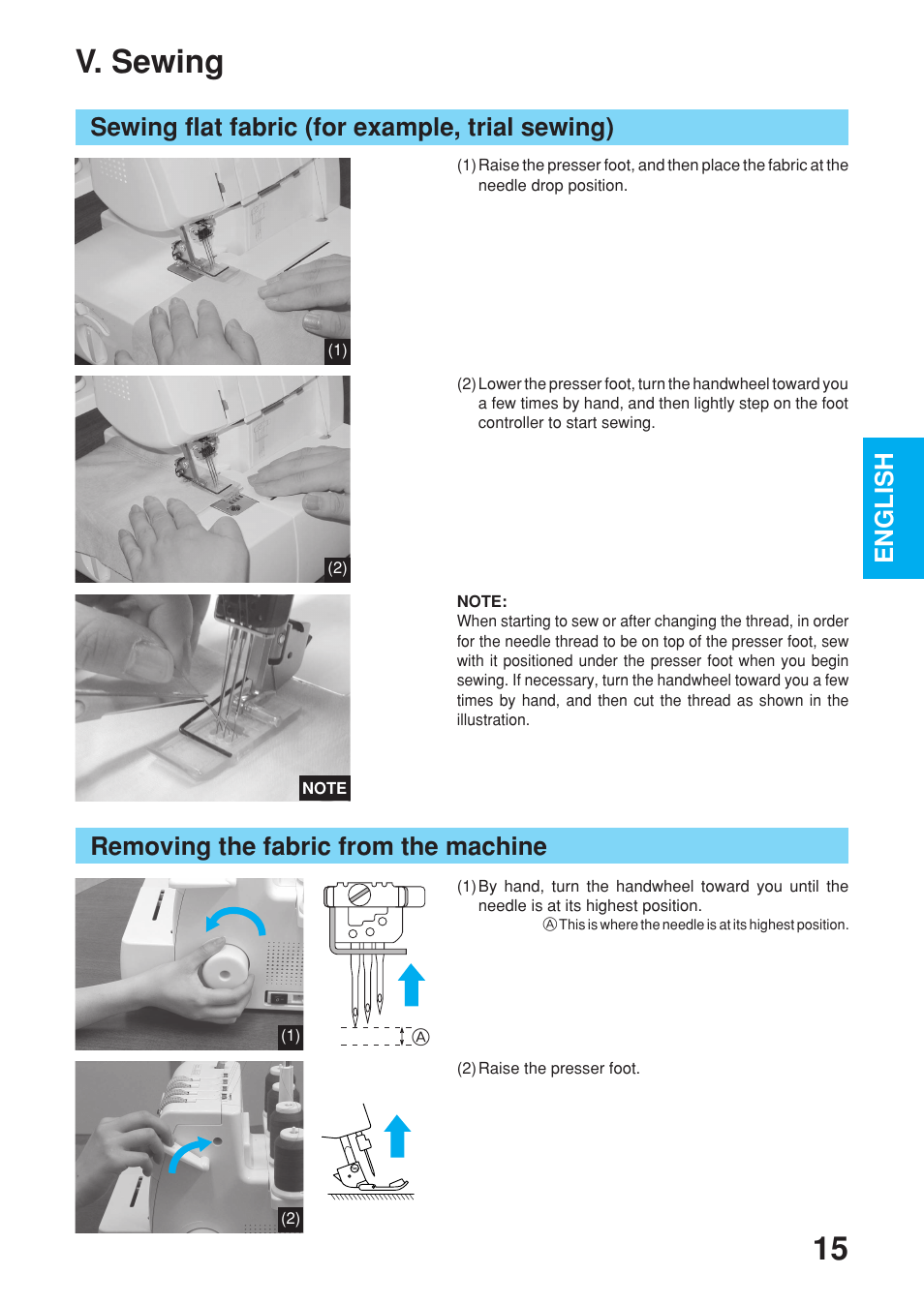 V. sewing, English, Sewing flat fabric (for example, trial sewing) | Removing the fabric from the machine | Brother 2340CV User Manual | Page 17 / 40