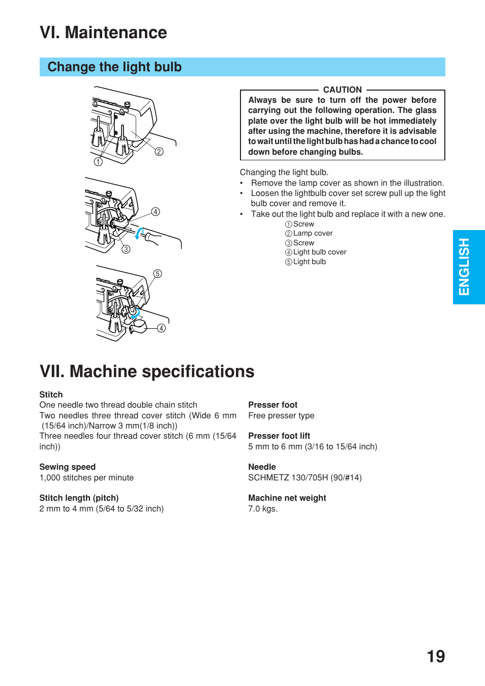 Vi. maintenance, Vii. machine specifications, English | Change the light bulb | Brother 2340CV User Manual | Page 21 / 40