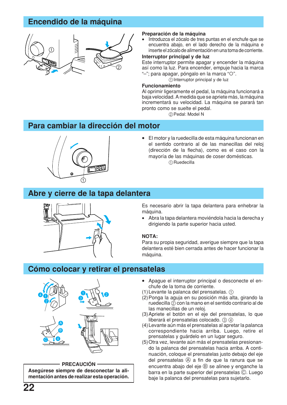 Encendido de la máquina, Cómo colocar y retirar el prensatelas | Brother 2340CV User Manual | Page 24 / 40