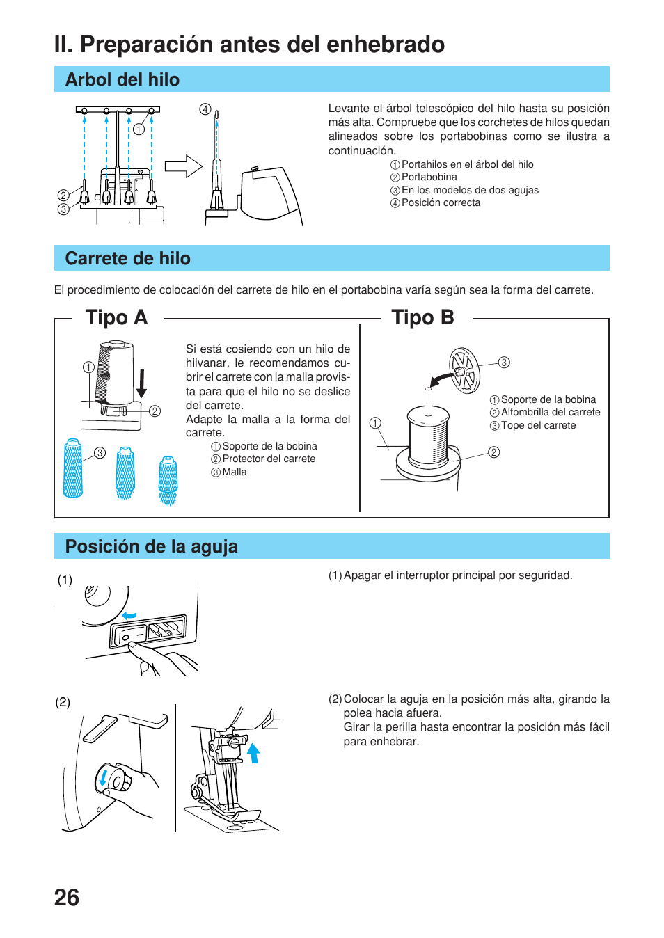 26 ii. preparación antes del enhebrado, Tipo a tipo b, Carrete de hilo | Arbol del hilo, Posición de la aguja | Brother 2340CV User Manual | Page 28 / 40