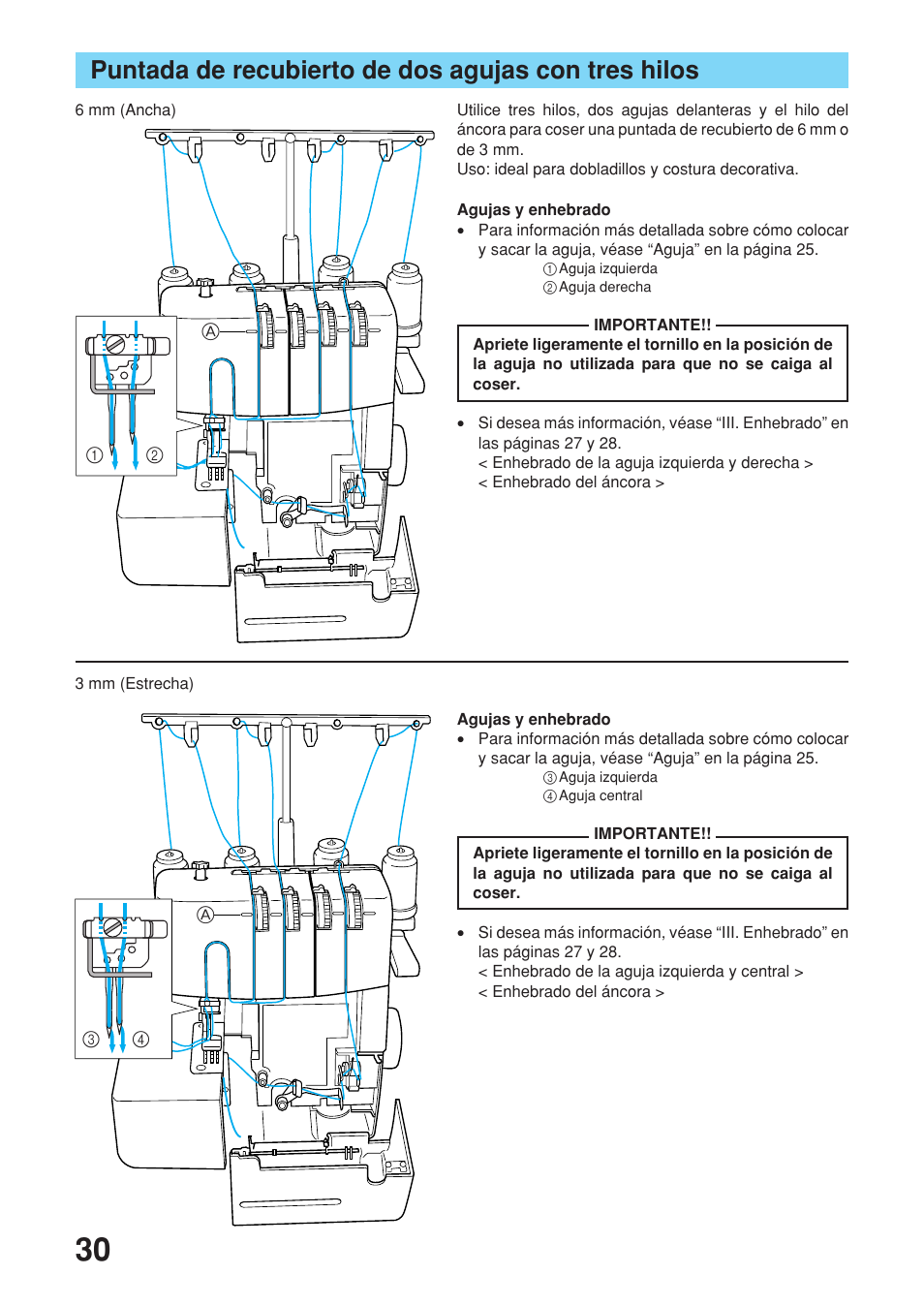 Puntada de recubierto de dos agujas con tres hilos | Brother 2340CV User Manual | Page 32 / 40