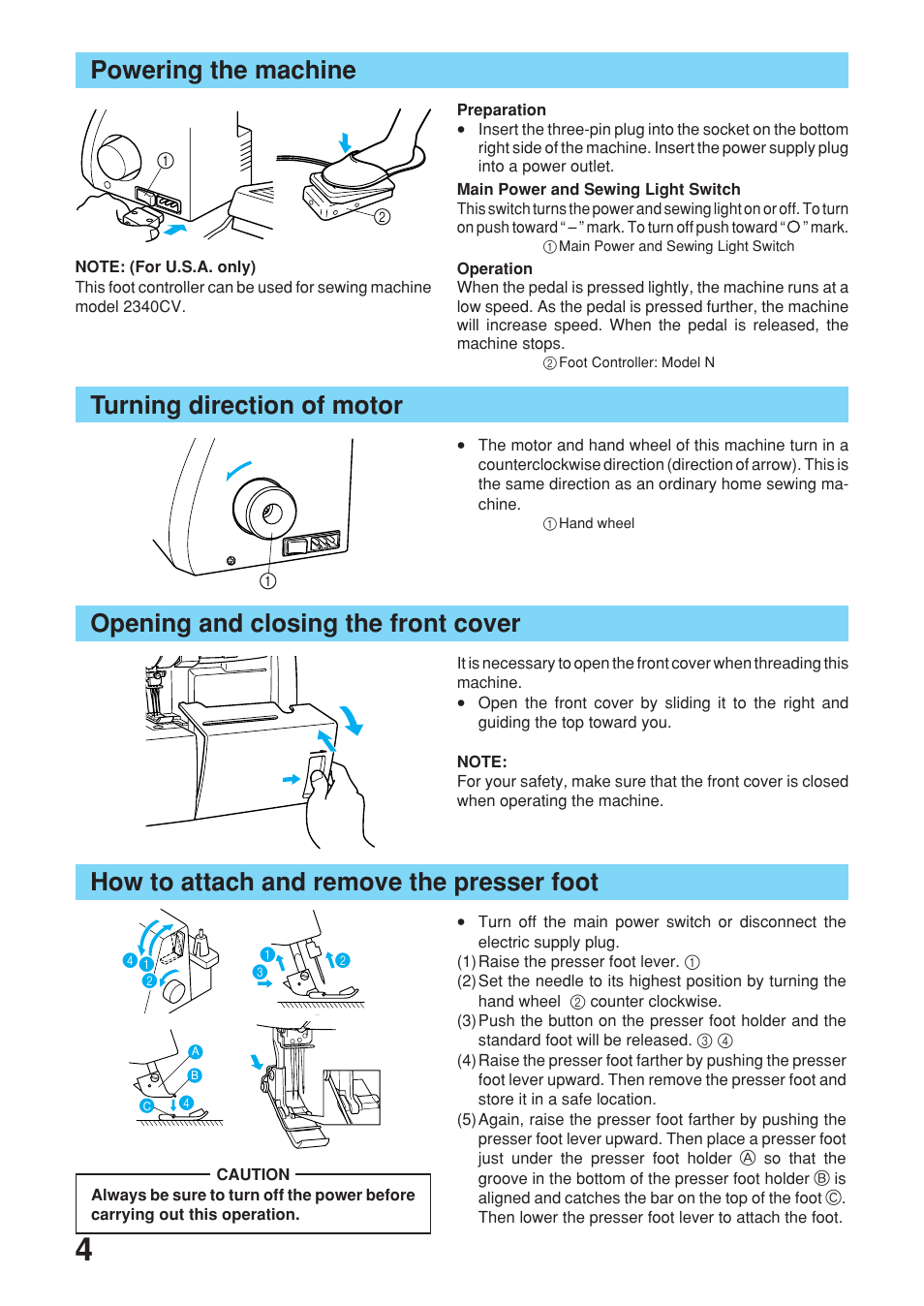 Powering the machine, How to attach and remove the presser foot | Brother 2340CV User Manual | Page 6 / 40