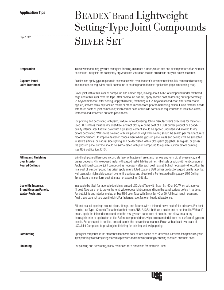 USG BEADEX Lightweight Setting-Type Joint Compounds User Manual | 2 pages