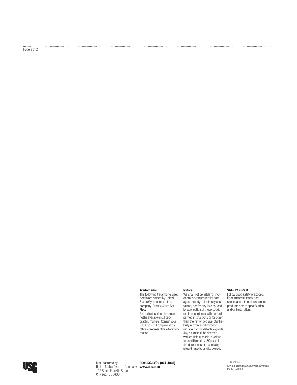 USG BEADEX Lightweight Setting-Type Joint Compounds User Manual | Page 2 / 2