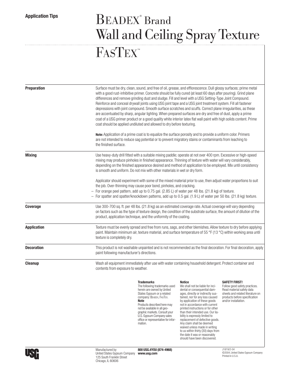 USG BEADEX Wall and Ceiling Spray Texture FASTEX User Manual | 1 page