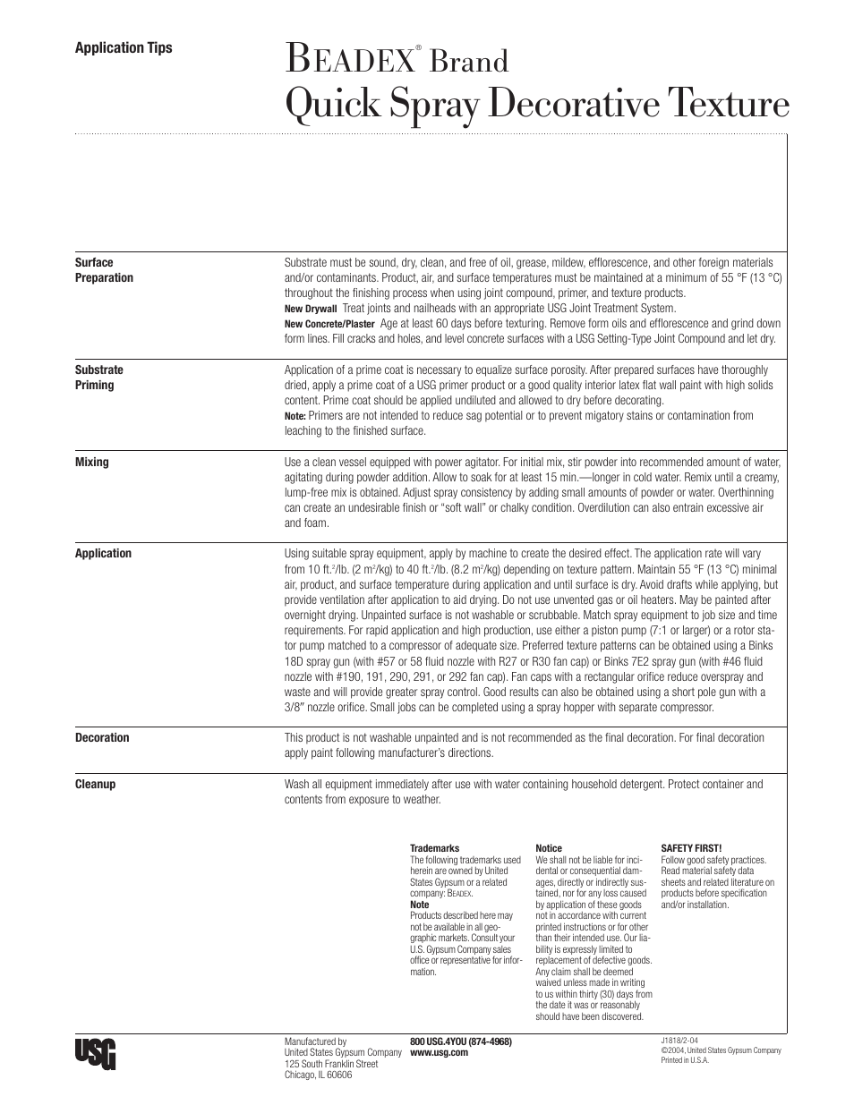 USG BEADEX Quick Spray Decorative Texture User Manual | 1 page