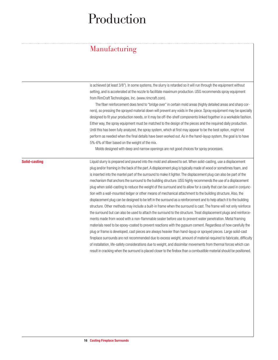 Production, Manufacturing | USG Casting Fireplace Surrounds User Manual | Page 16 / 32