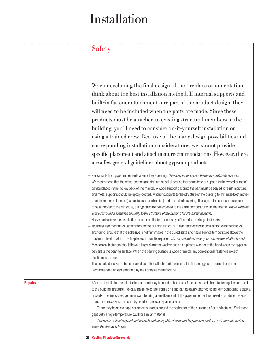 Installation, Safety | USG Casting Fireplace Surrounds User Manual | Page 23 / 32