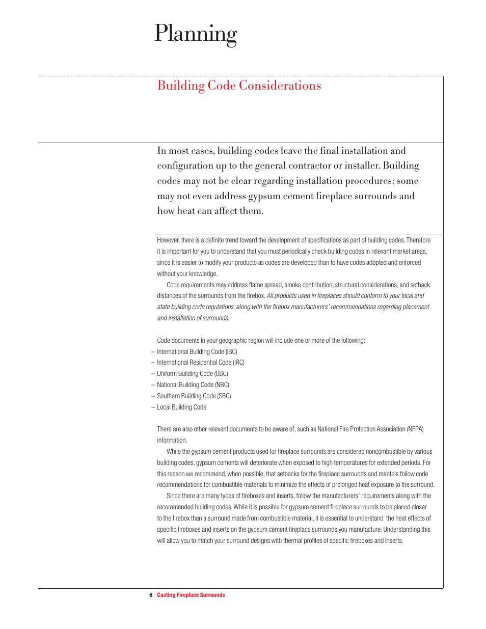 Planning, Building code considerations | USG Casting Fireplace Surrounds User Manual | Page 6 / 32