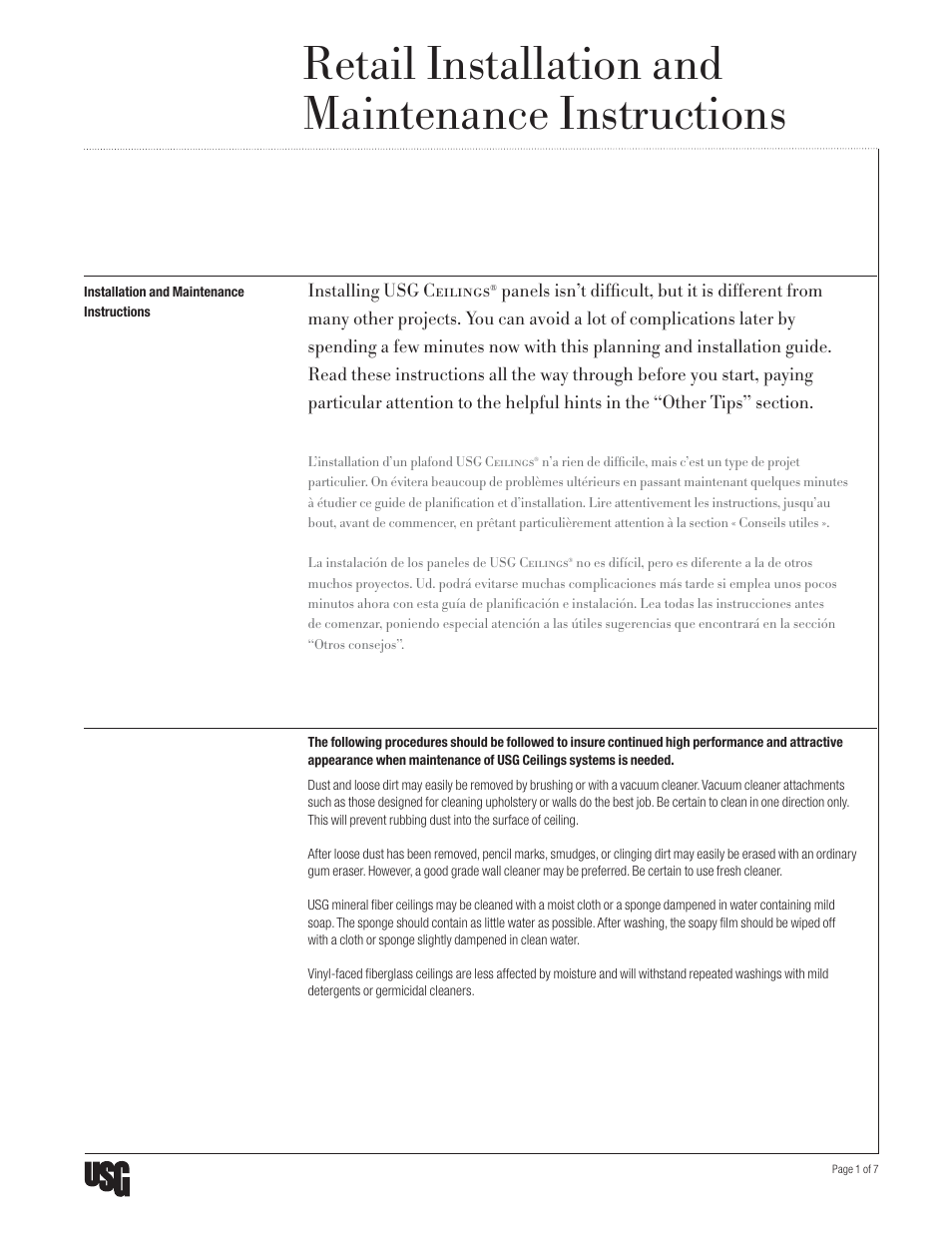 USG Ceiling Retail User Manual | 8 pages