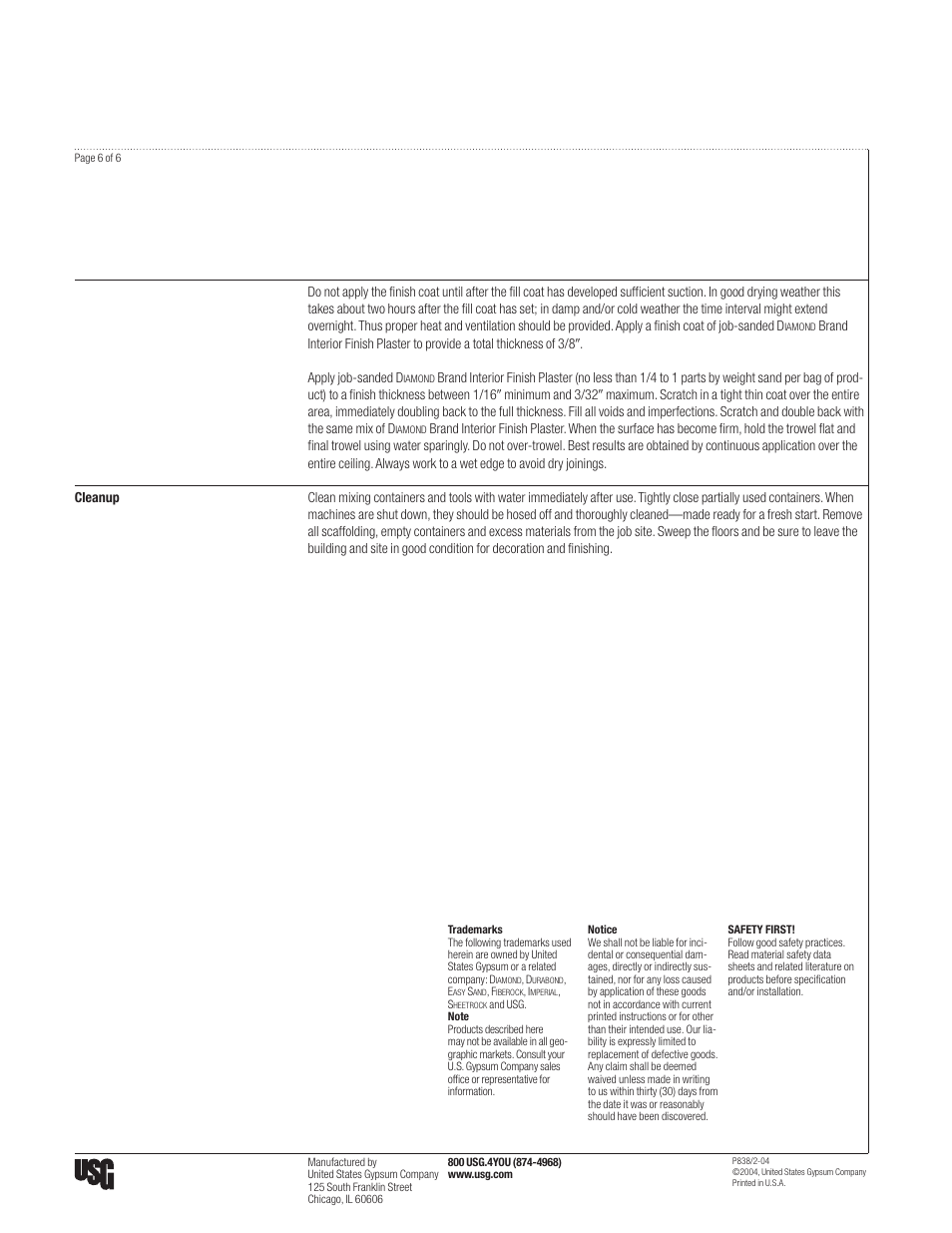USG IMPERIAL Finish Plasters User Manual | Page 6 / 6