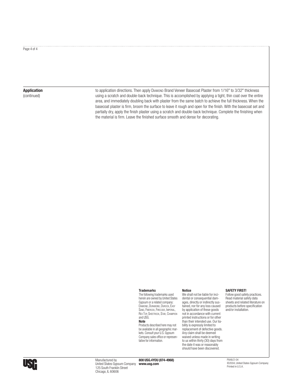Application (continued) | USG DIAMOND Veneer Basecoat Plaster User Manual | Page 4 / 4