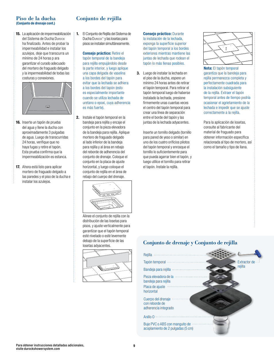 Conjunto de rejilla piso de la ducha, Conjunto de drenaje y conjunto de rejilla | USG Durock Shower System User Manual | Page 10 / 16